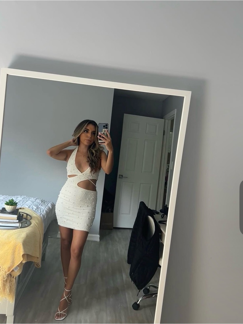 Oh Polly White Beaded Cutout Mini Dress